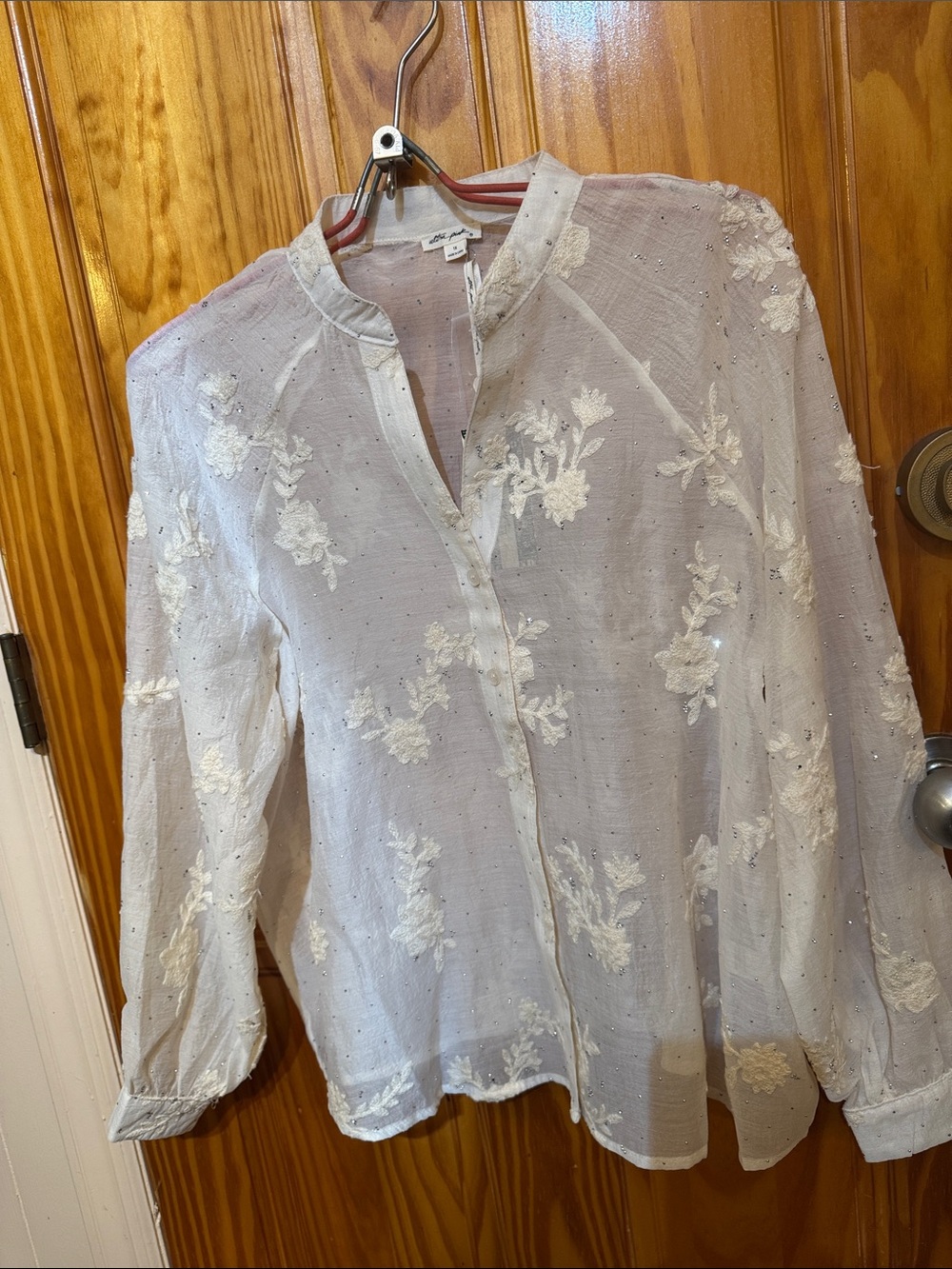 Ultra Pink White Sheer Embroidered Floral Button-Front Blouse